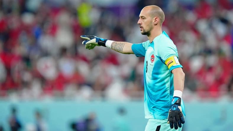 Dec 1, 2022; Doha, Qatar; Canada goalkeeper Milan Borjan (18) gestures against Morocco during the second half of a group stage match during the 2022 World Cup at Al Thumama Stadium. Mandatory Credit: Danielle Parhizkaran-USA TODAY Sports