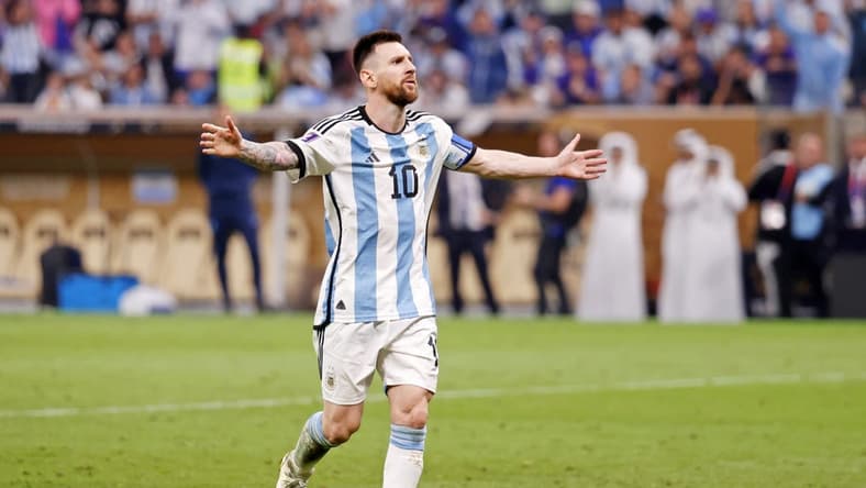 Dec 18, 2022; Lusail, Qatar; Argentina forward Lionel Messi (10) reacts after making his shot during a penalty shootout in the 2022 World Cup final at Lusail Stadium. Mandatory Credit: Yukihito Taguchi-USA TODAY Sports