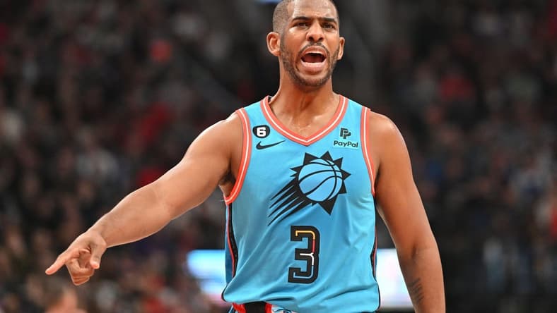 Dec 30, 2022; Toronto, Ontario, CAN; Phoenix Suns guard Chris Paul (3) reacts to an official s call against the Toronto Raptors in the first half at Scotiabank Arena. Mandatory Credit: Dan Hamilton-USA TODAY Sports