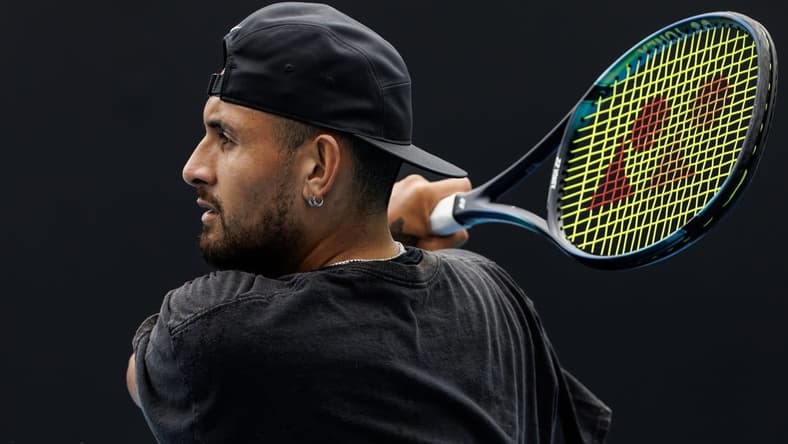 Jan 15, 2023; Melbourne, Victoria, Australia; Nick Kyrgios of Australia hits a shot during a practice session on court 16 at Melbourne Park. Mandatory Credit: Mike Frey-USA TODAY Sports
