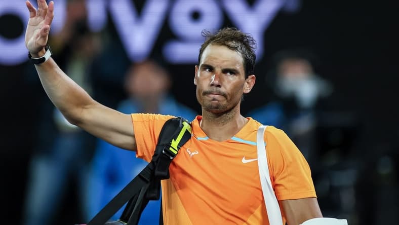 Jan 18, 2023; Melbourne, VICTORIA, Australia; Rafael Nadal after his second round match against Mackenzie Mcdonald on day three of the 2023 Australian Open tennis tournament at Melbourne Park. Mandatory Credit: Mike Frey-USA TODAY Sports