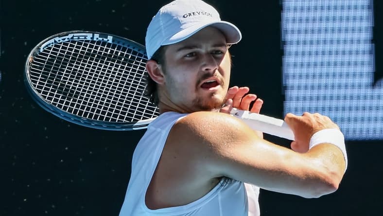 Jan 23, 2023; Melbourne, Victoria, Australia; J.J Wolf from the United States during his round four match against Ben Shelton from the United States on day eight of the 2023 Australian Open tennis tournament at Melbourne Park. Mandatory Credit: Mike Frey-USA TODAY Sports