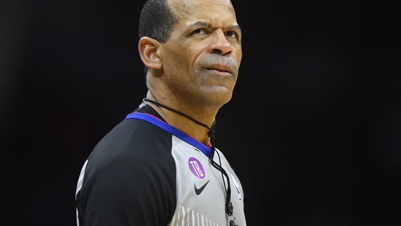 Feb 8, 2023; Cleveland, Ohio, USA; NBA referee Eric Lewis (42) stands on the court in the third quarter of a game between the Cleveland Cavaliers and the Detroit Pistons at Rocket Mortgage FieldHouse. Mandatory Credit: David Richard-USA TODAY Sports