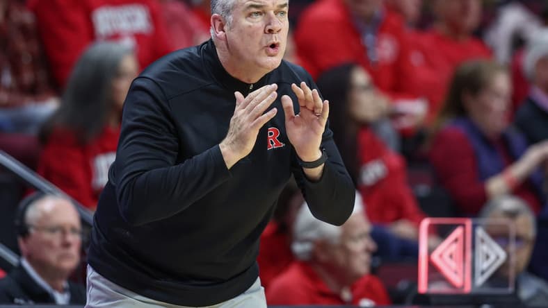 Feb 14, 2023; Piscataway, New Jersey, USA; Rutgers Scarlet Knights head coach Steve Pikiell coaches during the first half against the Nebraska Cornhuskers at Jersey Mike's Arena. Mandatory Credit: Vincent Carchietta-USA TODAY Sports