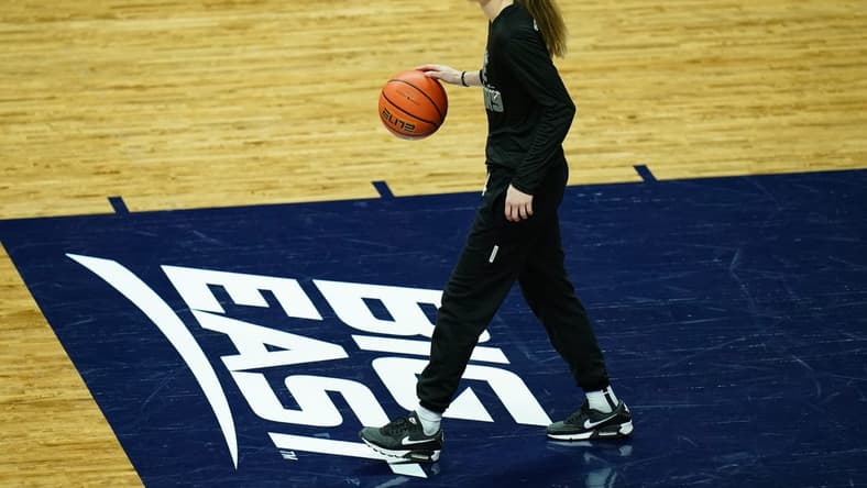 Feb 15, 2023; Storrs, Connecticut, USA; UConn Huskies guard Paige Bueckers (5) on the court as her team warms up before the start of the game the Creighton Bluejays at Harry A. Gampel Pavilion. Mandatory Credit: David Butler II-USA TODAY Sports