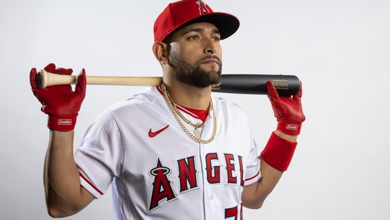 Feb 21, 2023; Tempe, AZ, USA; Los Angeles Angels catcher Jose Godoy poses for a portrait during photo day at the teams practice facility. Mandatory Credit: Mark J. Rebilas-USA TODAY Sports