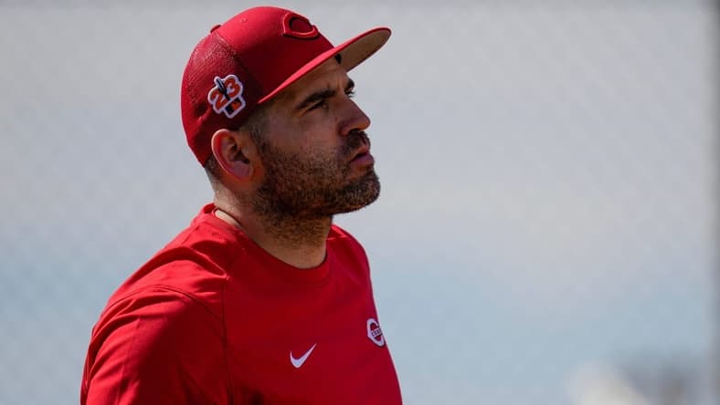 Cincinnati Reds first baseman Joey Votto (19) watches between rounds of batting practice at the Cincinnati Reds Player Development Complex in Goodyear, Ariz., on Thursday, Feb. 23, 2023.
Cincinnati Reds Spring Training
