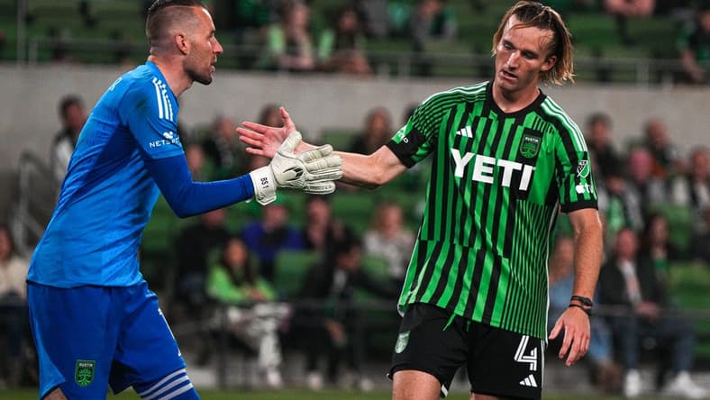 Austin FC goalkeeper Brad Stuver (1) congratulates defender Kipp Keller (4) for blocking a shot during the game against St. Louis City SC at Q2 Stadium on Saturday Feb. 25, 2023 in Austin.

Aem Austin Fc Vs St Louis 14