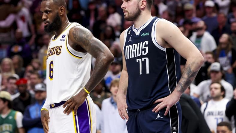 Feb 26, 2023; Dallas, Texas, USA; Los Angeles Lakers forward LeBron James (6) and Dallas Mavericks guard Luka Doncic (77) during the fourth quarter at American Airlines Center. Mandatory Credit: Kevin Jairaj-USA TODAY Sports