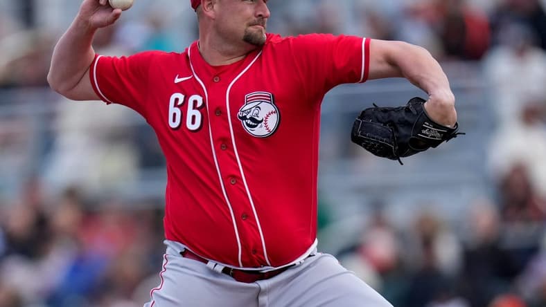 Cincinnati Reds relief pitcher Joel Kuhnel (66) throws a pith in the fifth inning of the MLB Cactus League spring training game between the San Francisco Giants and the Cincinnati Reds at Scottsdale Stadium in Goodyear, Ariz., on Sunday, Feb. 26, 2023. The Giants came back in the ninth inning to win on a walk-off single off the bat of Will Wilson.

Cincinnati Reds At San Francisco Giants Spring Training