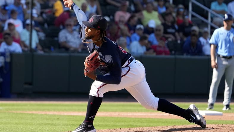 Mar 1, 2023; North Port, Florida, USA; Atlanta Braves pitcher Roddery Munoz (69) throws a pitch in the seventh inning agains the Tampa Bay Rays at CoolToday Park. Mandatory Credit: Dave Nelson-USA TODAY Sports