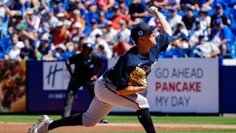 Mar 2, 2023; Port St. Lucie, Florida, USA; Atlanta Braves relief pitcher Kolby Allard (49) throws a pitch against the New York Mets during the first inning at Clover Park. Mandatory Credit: Rich Storry-USA TODAY Sports