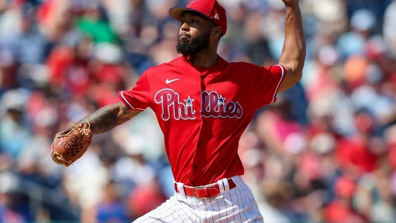 Mar 7, 2023; Clearwater, Florida, USA; Philadelphia Phillies relief pitcher Cristopher Sanchez (61) throws a pitch against the Tampa Bay Rays in the fourth inning during spring training at BayCare Ballpark. Mandatory Credit: Nathan Ray Seebeck-USA TODAY Sports