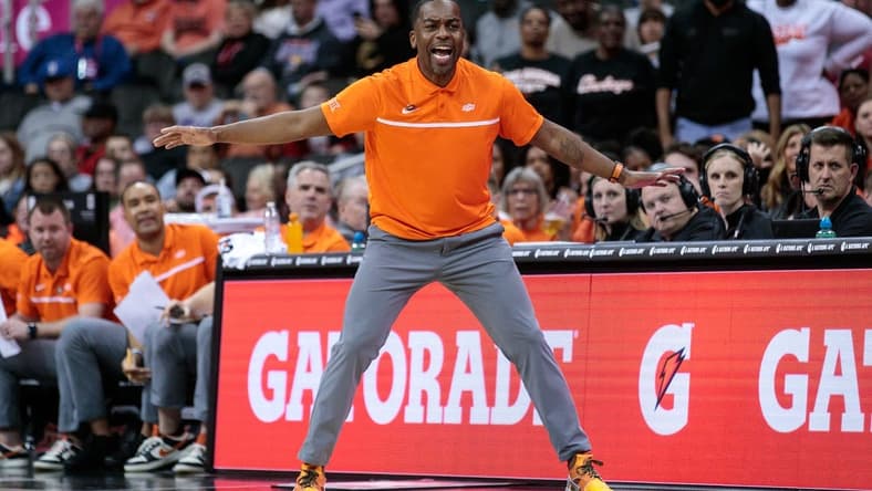 Mar 8, 2023; Kansas City, MO, USA; Oklahoma State Cowboys coach Mike Boynton on the sidelines during the game against the Oklahoma Sooners at T-Mobile Center. Mandatory Credit: William Purnell-USA TODAY Sports