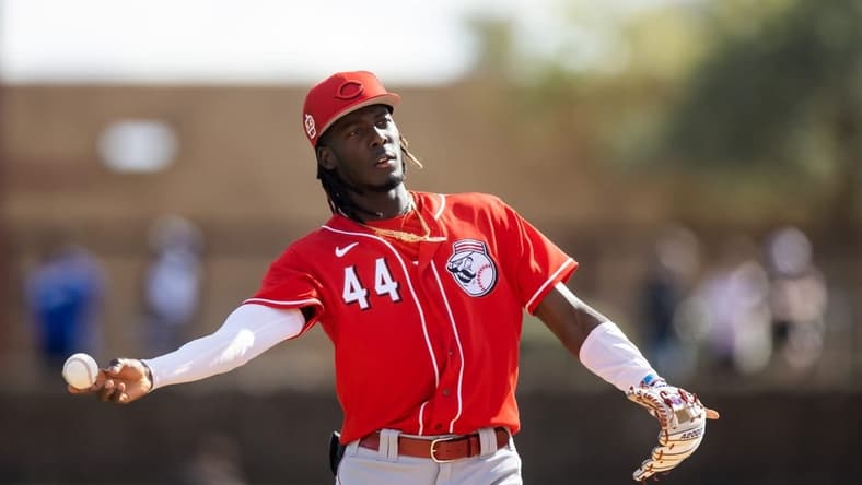 Feb 28, 2023; Phoenix, Arizona, USA; Cincinnati Reds shortstop Elly De La Cruz against the Los Angeles Dodgers during a spring training game at Camelback Ranch-Glendale. Mandatory Credit: Mark J. Rebilas-USA TODAY Sports