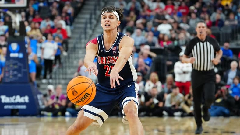 Mar 11, 2023; Las Vegas, NV, USA; Arizona Wildcats guard Kerr Kriisa (25) plays against the UCLA Bruins during the second half at T-Mobile Arena. Mandatory Credit: Stephen R. Sylvanie-USA TODAY Sports