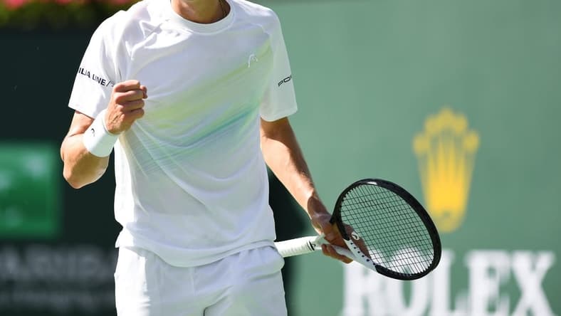 Mar 12, 2023; Indian Wells, CA, USA; Emil Ruusuvuori (FIN) celebrates after winning a point during his third round match against Alexander Zverev (GER) during the BNP Paribas Open at Indian Wells Tennis Garden. Mandatory Credit: Jonathan Hui-USA TODAY Sports