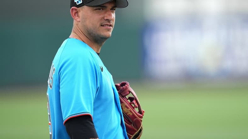 Mar 13, 2023; Jupiter, Florida, USA; Miami Marlins shortstop Jose Iglesias (13) before the game against the New York Mets at Roger Dean Stadium. Mandatory Credit: Jim Rassol-USA TODAY Sports