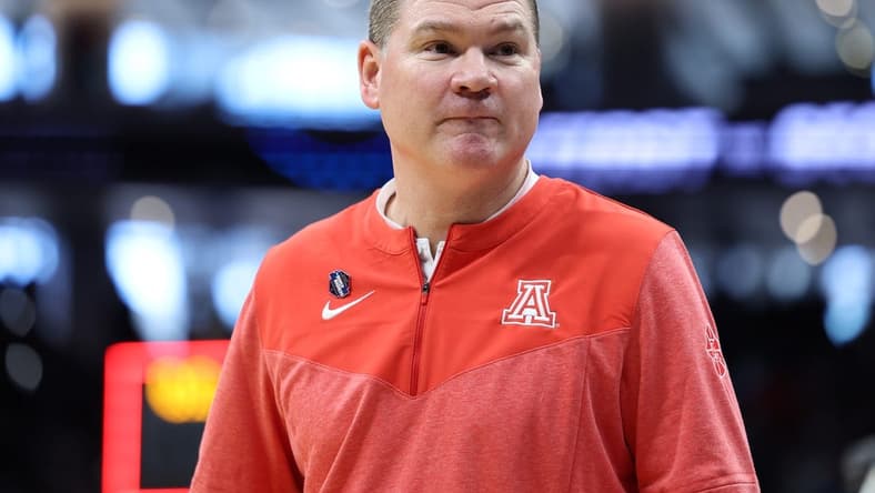 Mar 16, 2023; Sacramento, CA, USA; Arizona Wildcats head coach Tommy Lloyd reacts during the second half at Golden 1 Center. Mandatory Credit: Kelley L Cox-USA TODAY Sports