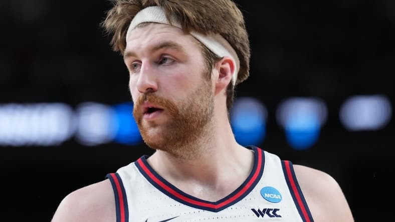 Mar 25, 2023; Las Vegas, NV, USA; Gonzaga Bulldogs forward Drew Timme (2) during the first half against the Connecticut Huskies for the NCAA tournament West Regional final at T-Mobile Arena. Mandatory Credit: Joe Camporeale-USA TODAY Sports