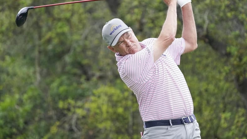 Mar 30, 2023; San Antonio, Texas, USA; Davis Love III plays his shot from the first tee during the first round of the Valero Texas Open golf tournament. Mandatory Credit: Raymond Carlin III-USA TODAY Sports