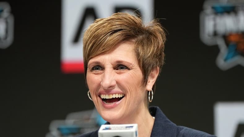 Mar 30, 2023; Dallas, TX, USA; Indiana Hoosiers coach Teri Moren at the Associaed Press Coach and Player of the Year press conference  at the American Airlines Center. Mandatory Credit: Kirby Lee-USA TODAY Sports