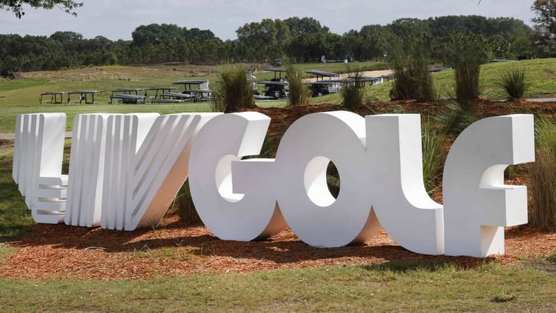 Mar 31, 2023; Orlando, Florida, USA; The LIV logo on display at the entrance before the first round of a LIV Golf event at Orange County National. Mandatory Credit: Reinhold Matay-USA TODAY Sports