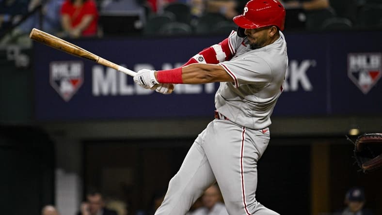 Mar 30, 2023; Arlington, Texas, USA; Philadelphia Phillies first baseman Darick Hall (24) in action during the game between the Texas Rangers and the Philadelphia Phillies at Globe Life Field. Mandatory Credit: Jerome Miron-USA TODAY Sports