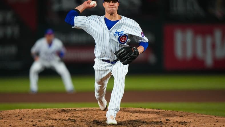 Iowa Cubs pitcher Vinny Nittoli (15) throws the ball during the season opener at Principal Park in Des Moines on Friday, March 31, 2023. The Cubs defeated the Clippers, 11-5.