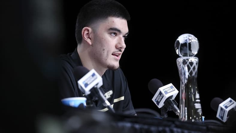 Apr 1, 2023; Houston, TX, USA; Purdue center Zach Edey is speaks at a press conference after being announced as the Associated Press player of the year at NRG Stadium. Mandatory Credit: Troy Taormina-USA TODAY Sports