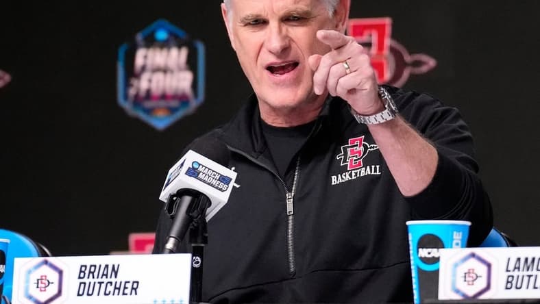 Apr 2, 2023; Houston, TX, USA;  San Diego State head coach Brian Dutcher at a press conference at NRG Stadium. Mandatory Credit: Robert Deutsch-USA TODAY Sports