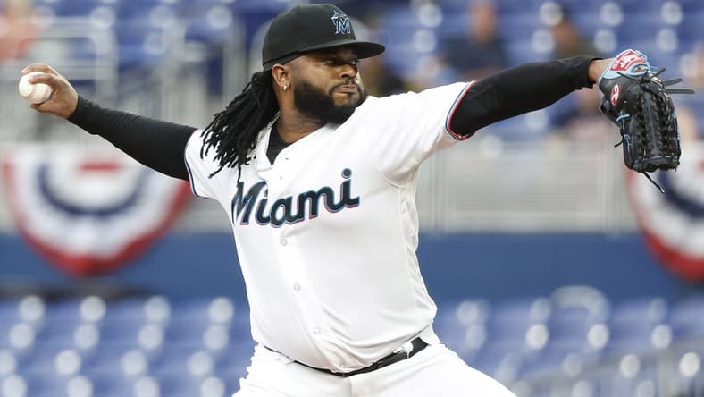 Apr 3, 2023; Miami, Florida, USA;  Miami Marlins starting pitcher Johnny Cueto (47) pitches against the Minnesota Twins during the first inning at loanDepot Park. Mandatory Credit: Rhona Wise-USA TODAY Sports