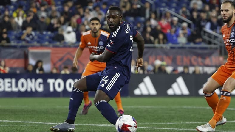 Apr 1, 2023; Foxborough, Massachusetts, USA; New England Revolution forward Jozy Altidore (14) against New York City FC during the first half at Gillette Stadium. Mandatory Credit: Winslow Townson-USA TODAY Sports