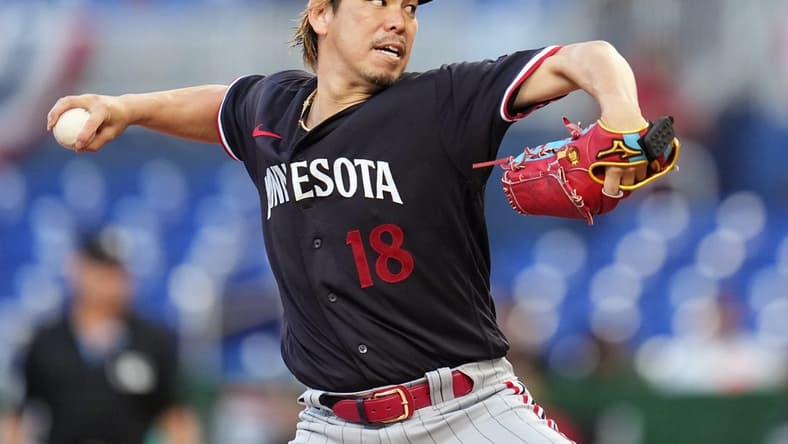 Apr 4, 2023; Miami, Florida, USA; Minnesota Twins starting pitcher Kenta Maeda (18) pitches against the Miami Marlins in the first inning at loanDepot Park. Mandatory Credit: Jim Rassol-USA TODAY Sports