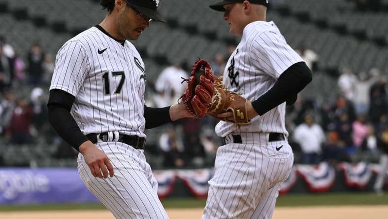 Apr 5, 2023; Chicago, Illinois, USA; Chicago White Sox relief pitcher Joe Kelly (17) celebrates with first baseman Andrew Vaughn (25) after the game against the San Francisco Giants during the ninth inning at Guaranteed Rate Field. Mandatory Credit: Matt Marton-USA TODAY Sports