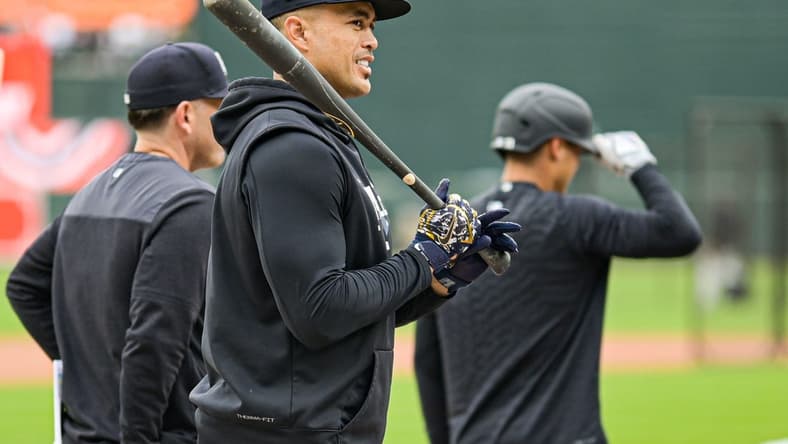 Apr 7, 2023; Baltimore, Maryland, USA; New York Yankees designated hitter Giancarlo Stanton (27) stands on the field before the game against the Baltimore Orioles at Oriole Park at Camden Yards. Mandatory Credit: Tommy Gilligan-USA TODAY Sports
