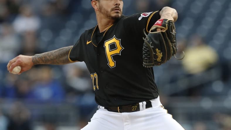 Apr 8, 2023; Pittsburgh, Pennsylvania, USA; Pittsburgh Pirates starting pitcher Vince Velasquez (27) delivers a pitch against the Chicago White Sox during the first inning at PNC Park. Mandatory Credit: Charles LeClaire-USA TODAY Sports