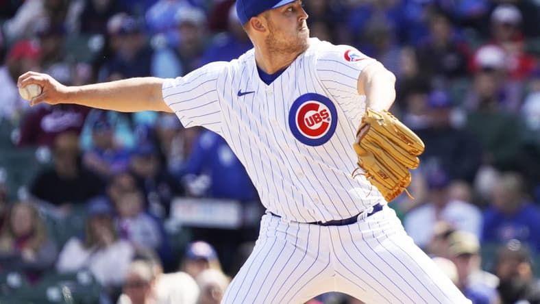 Apr 9, 2023; Chicago, Illinois, USA; Chicago Cubs starting pitcher Jameson Taillon (50) throws the ball against the Texas Rangers during the first inning at Wrigley Field. Mandatory Credit: David Banks-USA TODAY Sports