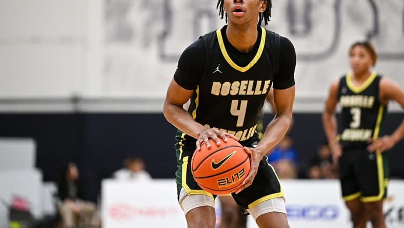 Apr 7, 2023; Washington, DC, USA; Roselle Catholic (NJ) guard Simeon Wilcher (4) shoots a free throw during the second quarter against Wheeler (GA) at Georgetown University. Mandatory Credit: Reggie Hildred-USA TODAY Sports