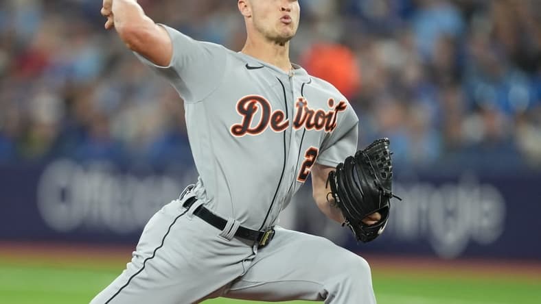 Apr 11, 2023; Toronto, Ontario, CAN; Detroit Tigers starting pitcher Matt Manning (25) throws a pitch against the Toronto Blue Jays during the first inning at the Rogers Centre. Mandatory Credit: Nick Turchiaro-USA TODAY Sports