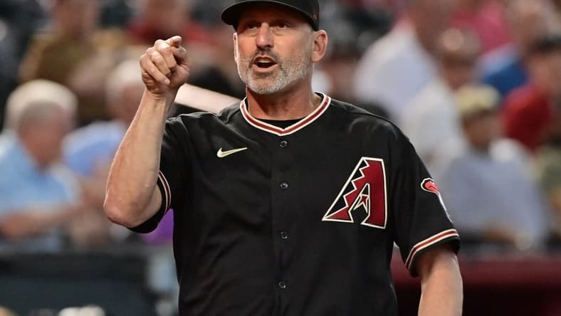 Apr 12, 2023; Phoenix, Arizona, USA; Arizona Diamondbacks manager Torey Lovullo (17) reacts in the third inning against the Milwaukee Brewers at Chase Field. Mandatory Credit: Matt Kartozian-USA TODAY Sports