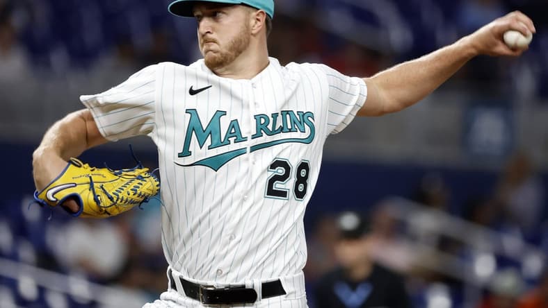 Apr 14, 2023; Miami, Florida, USA; Miami Marlins starting pitcher Trevor Rogers (28)pitches against the Arizona Diamondbacks during the first inning at loanDepot Park. Mandatory Credit: Rhona Wise-USA TODAY Sports