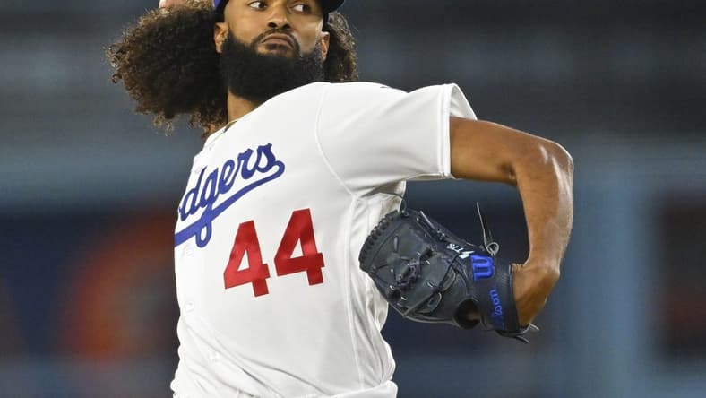 Apr 14, 2023; Los Angeles, California, USA; Los Angeles Dodgers starting pitcher Andre Jackson (44) throws to the plate in the ninth inning against the Chicago Cubs at Dodger Stadium. Mandatory Credit: Jayne Kamin-Oncea-USA TODAY Sports