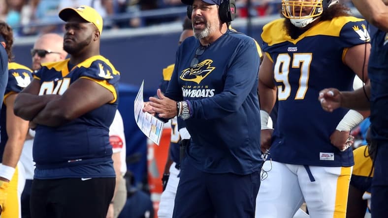 Apr 15, 2023; Memphis, TN, USA; Memphis Showboats head coach Todd Haley (middle) reacts during the second half against the Philadelphia Stars at Simmons Bank Liberty Stadium. Mandatory Credit: Petre Thomas-USA TODAY Sports