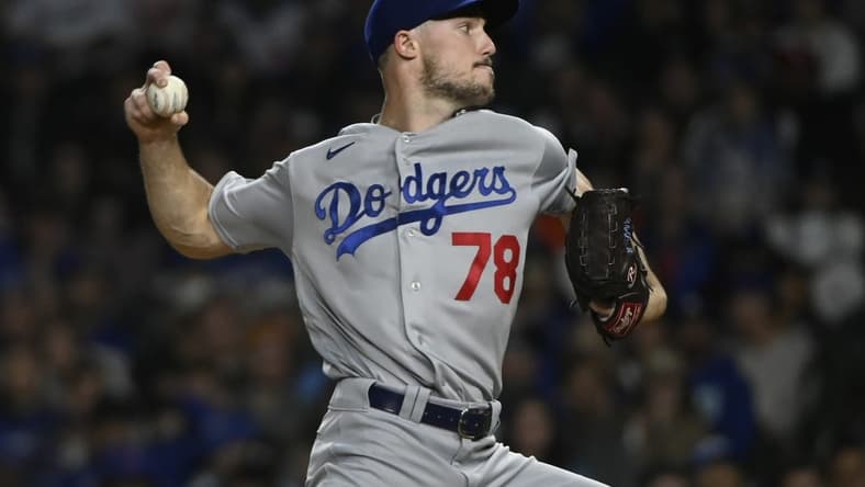 Apr 20, 2023; Chicago, Illinois, USA; Los Angeles Dodgers starting pitcher Michael Grove (78) delivers against the Chicago Cubs during the first inning at Wrigley Field. Mandatory Credit: Matt Marton-USA TODAY Sports