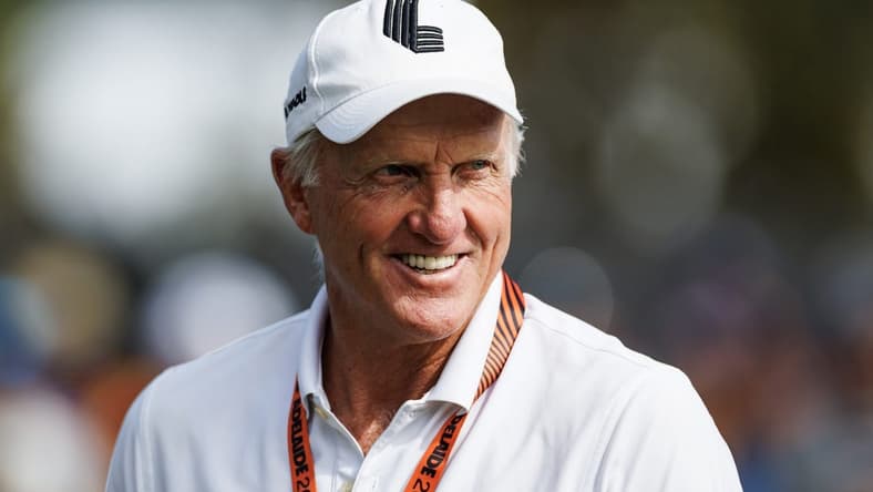 Apr 21, 2023; Adelaide, South Australia AUS; Greg Norman on the practice grounds before the first round of LIV Golf Adelaide golf tournament at Grange Golf Club. Mandatory Credit: Mike Frey-USA TODAY Sports