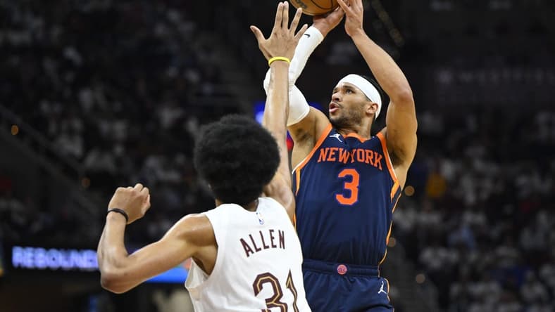 Apr 26, 2023; Cleveland, Ohio, USA; New York Knicks guard Josh Hart (3) shoots beside Cleveland Cavaliers center Jarrett Allen (31) in the third quarter during game five of the 2023 NBA playoffs at Rocket Mortgage FieldHouse. Mandatory Credit: David Richard-USA TODAY Sports
