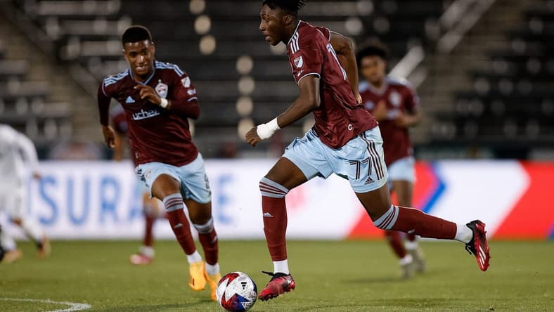 Apr 26, 2023; Commerce City, CO, USA; Colorado Rapids forward Darren Yapi (77) controls the ball in the second half against Northern Colorado Hailstorm FC at Dick's Sporting Goods Park. Mandatory Credit: Isaiah J. Downing-USA TODAY Sports