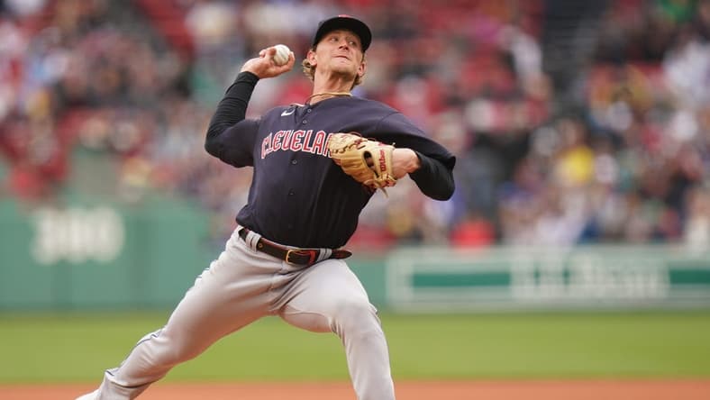 Apr 29, 2023; Boston, Massachusetts, USA; Cleveland Guardians starting pitcher Zach Plesac (34) throws a pitch against the Boston Red Sox in the first inning at Fenway Park. Mandatory Credit: David Butler II-USA TODAY Sports