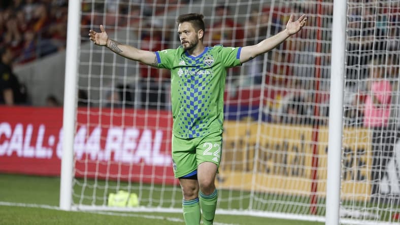 Apr 29, 2023; Sandy, Utah, USA; Seattle Sounders midfielder Kelyn Rowe (22) reacts in the second half against the Real Salt Lake at America First Field. Mandatory Credit: Jeffrey Swinger-USA TODAY Sports